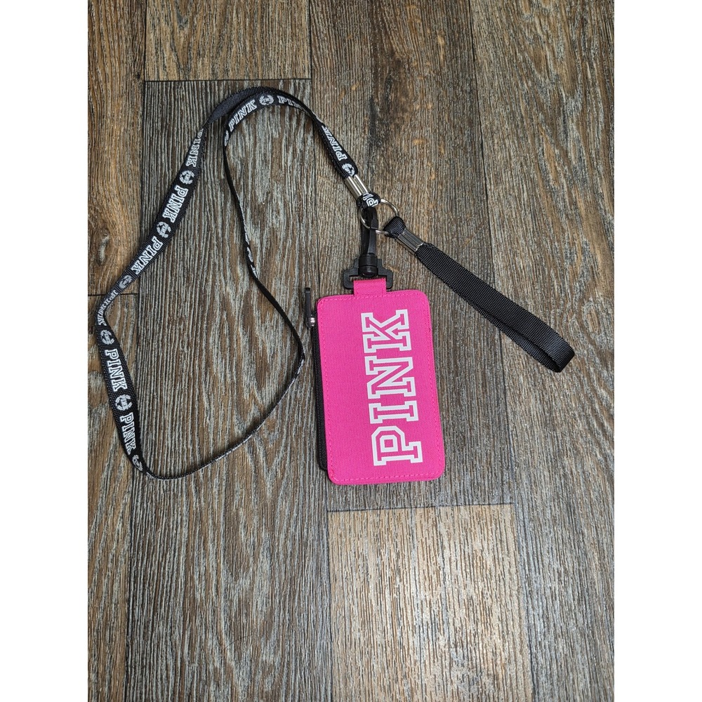 Victorias Secret PINK Lanyard ID Badge Holder Wallet Hot Pink Grey Logo Zip Case